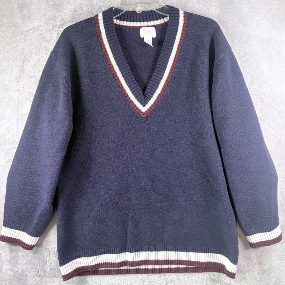 H&M Navy Varsity V Neck Sweater Womens Large Tennis Preppy‎ Knit